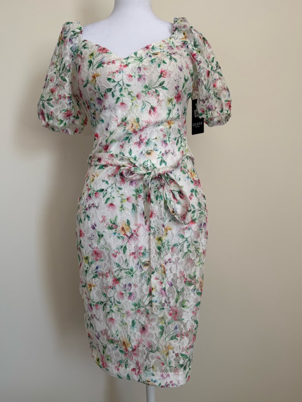 NWT Guess White Floral Lace Midi Dress with Puff Sleeves size 6 women